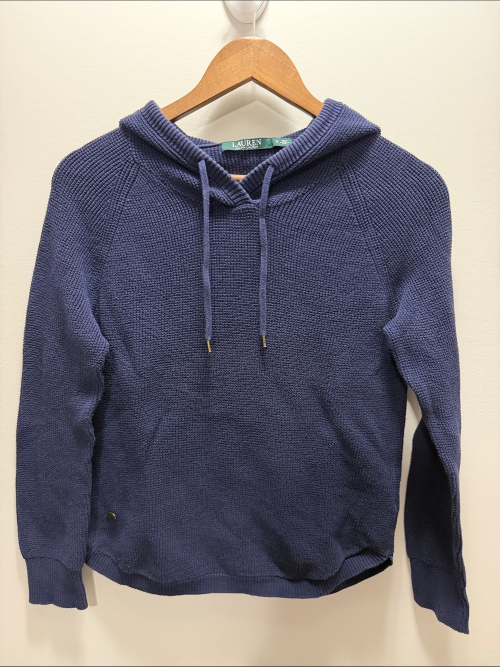 90's Vintage Lauren Ralph Lauren Men's Blue Knit Hoodie Sweater